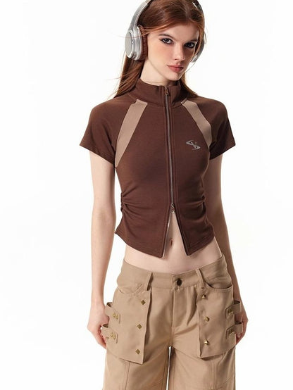 Vone SheeE Colorblock Slim Fit Stand Collar Short Sleeve Women&