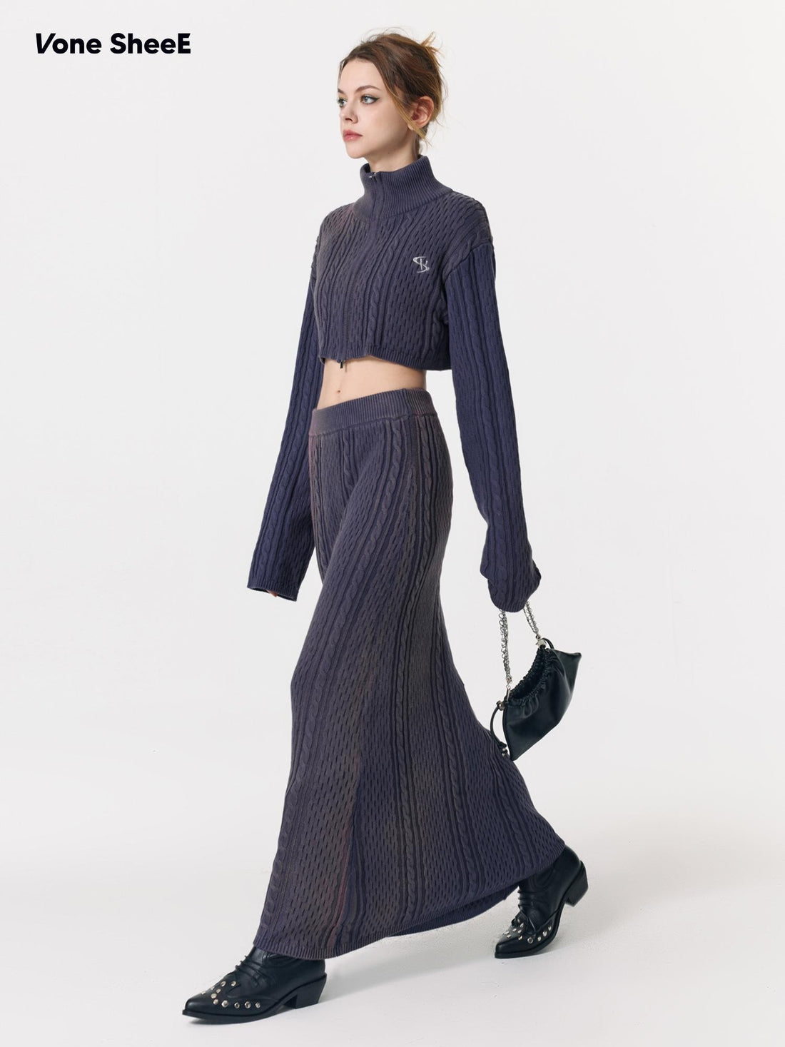 Vone SheeE Cropped Turtleneck Cable Knit Two Piece Women&
