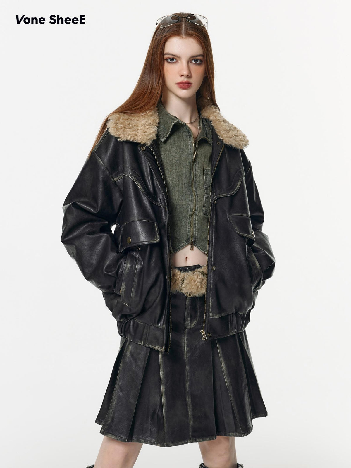 Vone SheeE Detachable Fur Collar Distressed Faux Leather Padded Women&