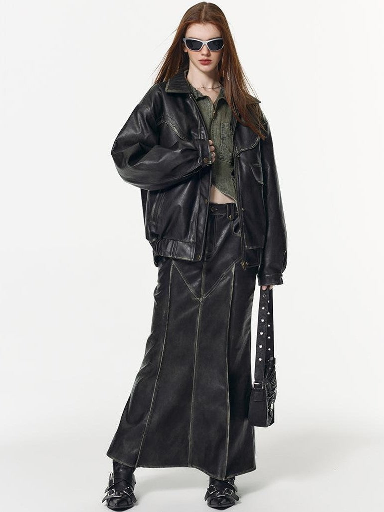 Vone SheeE Detachable Fur Collar Distressed Faux Leather Padded Women&