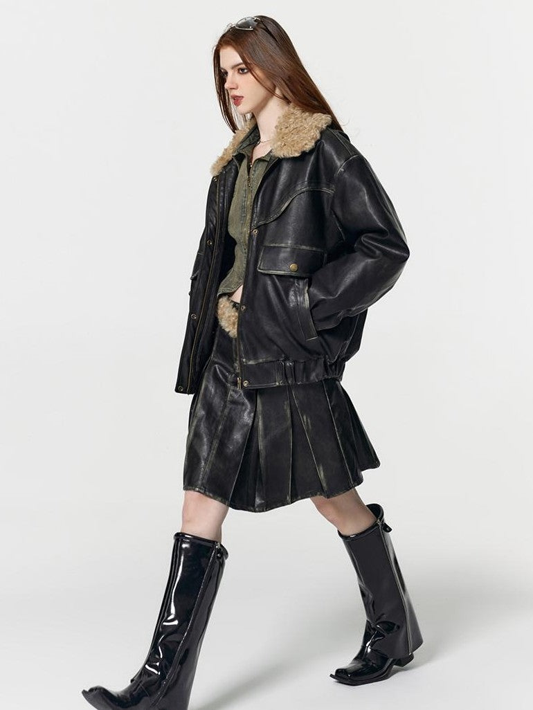 Vone SheeE Detachable Fur Collar Distressed Faux Leather Padded Women&
