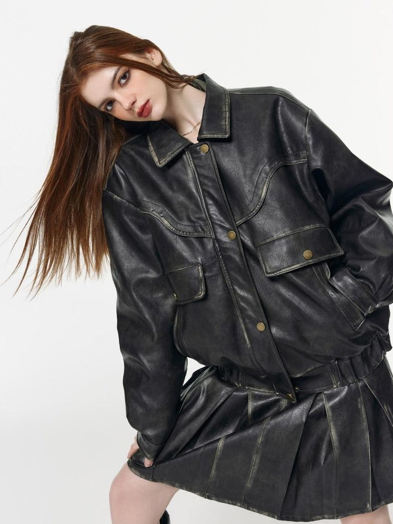 Vone SheeE Detachable Fur Collar Distressed Faux Leather Padded Women&