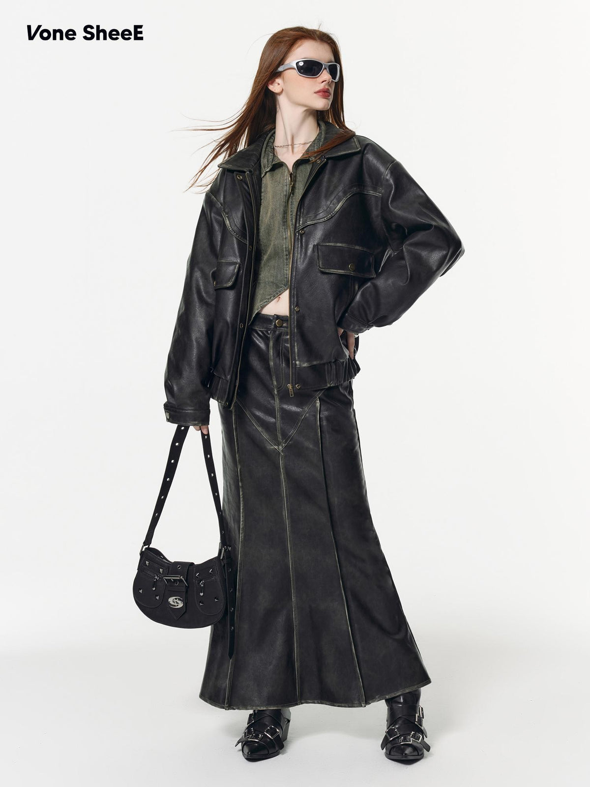 Vone SheeE Detachable Fur Collar Distressed Faux Leather Padded Women&