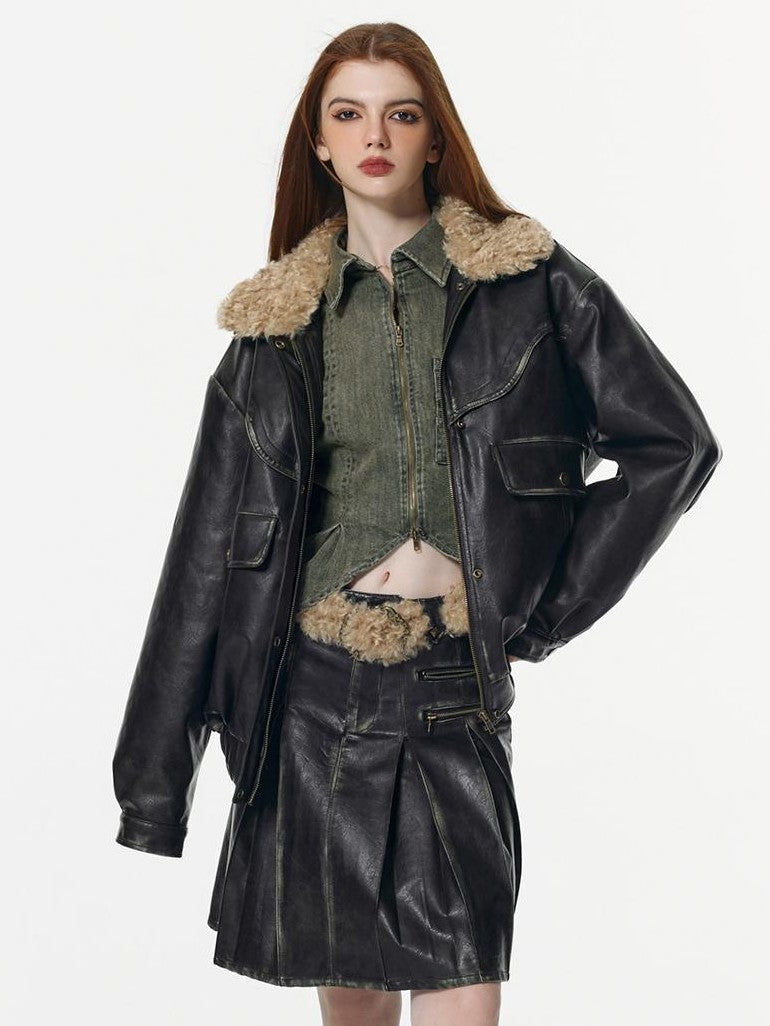 Vone SheeE Detachable Fur Collar Distressed Faux Leather Padded Women&