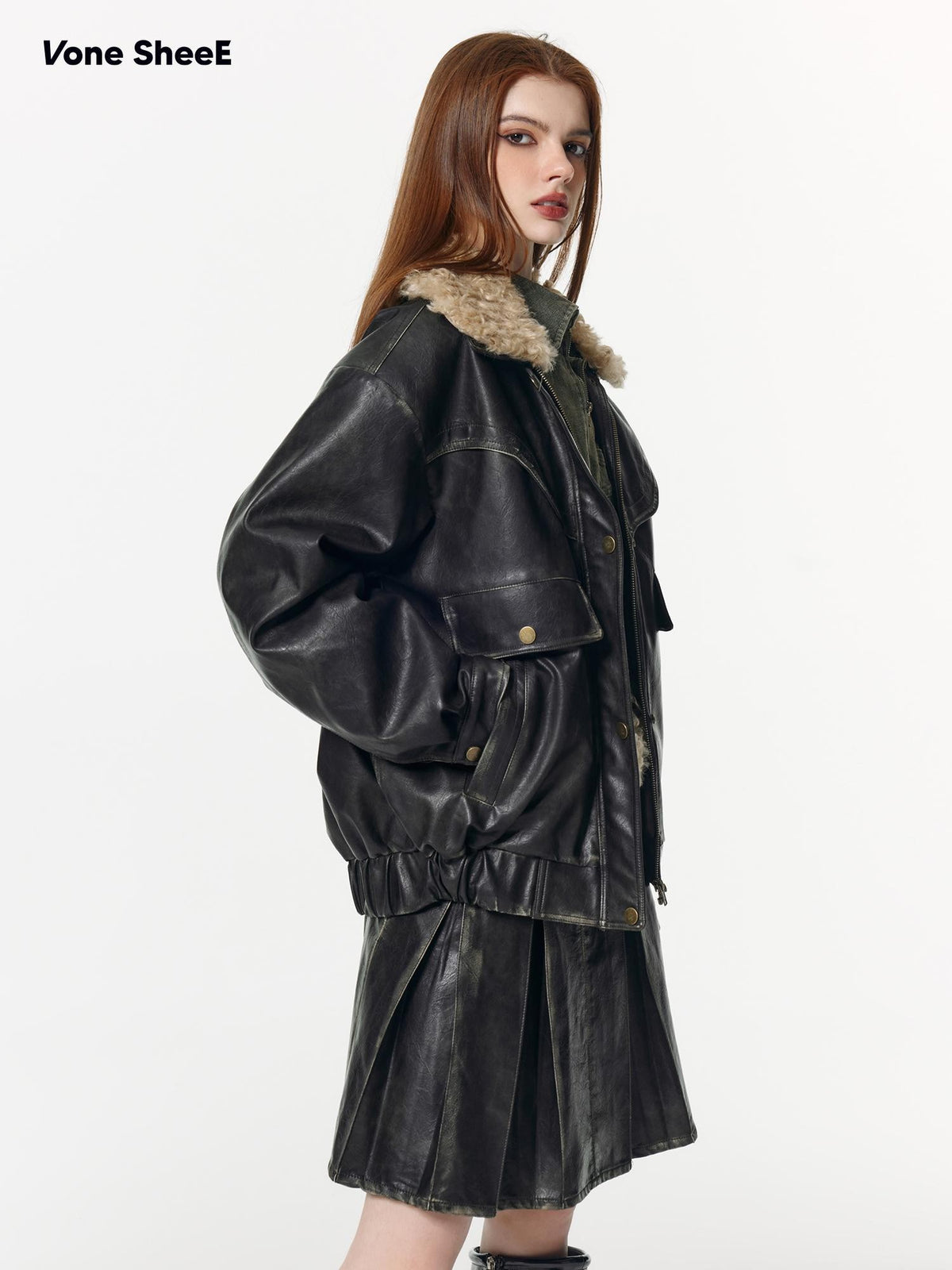 Vone SheeE Detachable Fur Collar Quilted Pu Women&