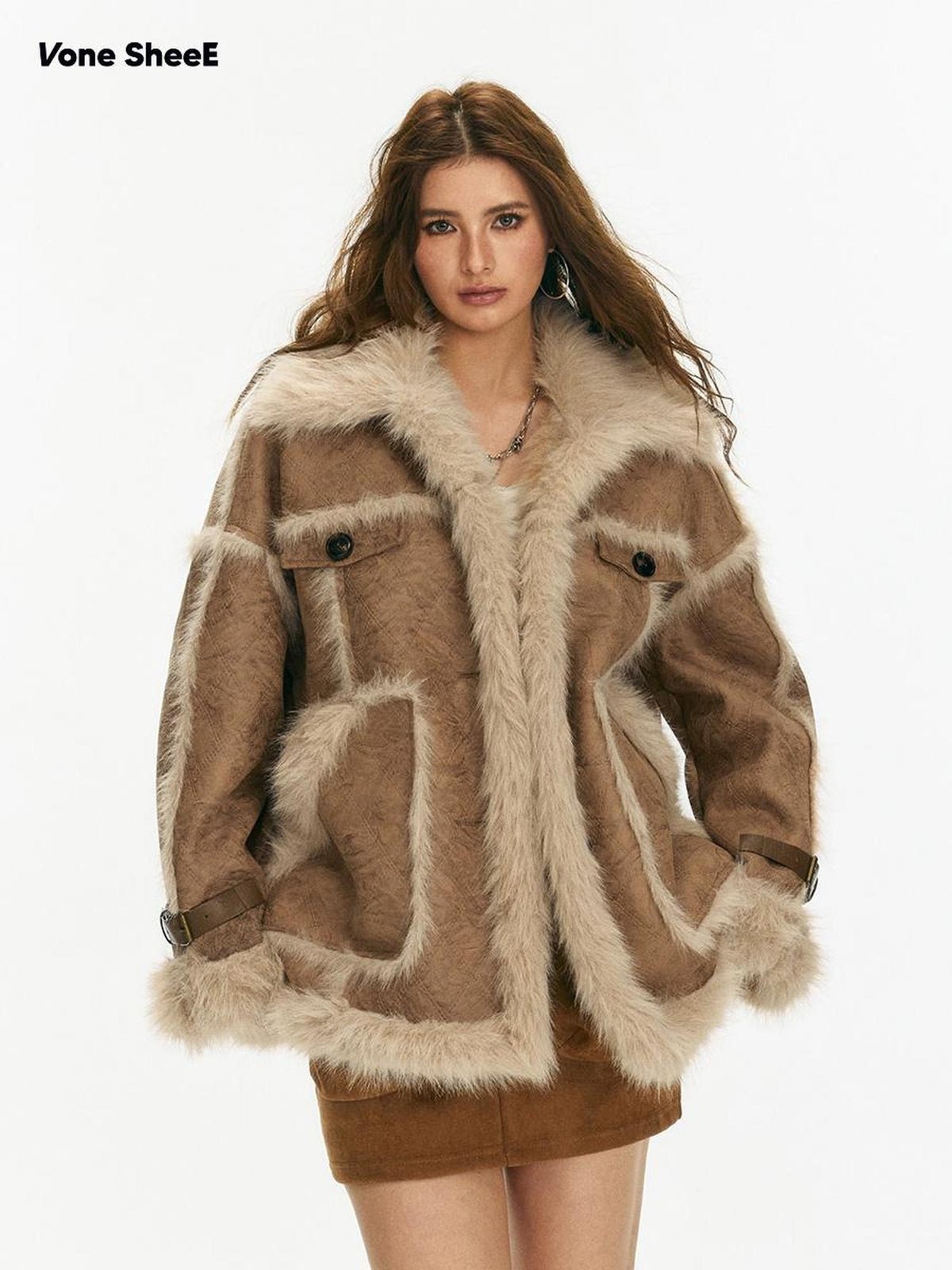 Vone SheeE Diamond Quilted Faux Fur Loose Fit Women&
