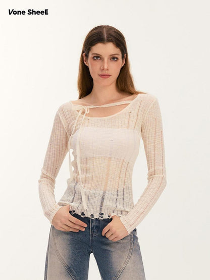 Vone SheeE Distressed Slim Fit Sweet Round Neck Women&