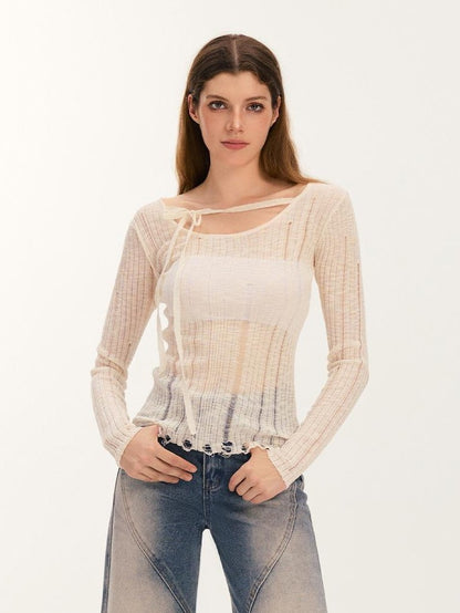 Vone SheeE Distressed Slim Fit Sweet Round Neck Women&