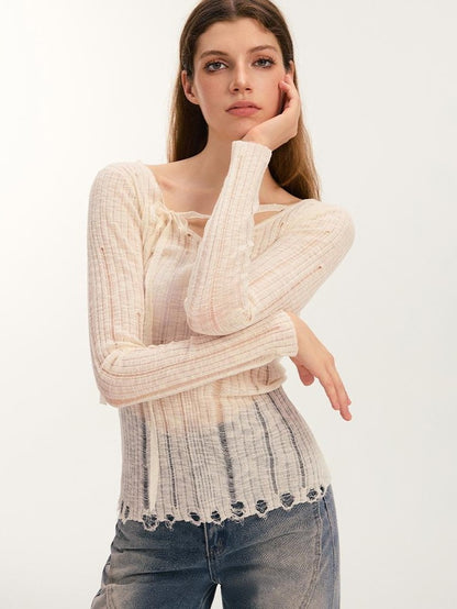 Vone SheeE Distressed Slim Fit Sweet Round Neck Women&