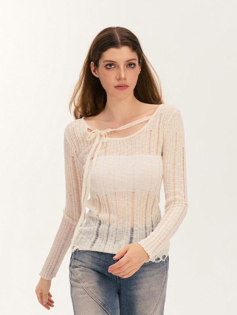 Vone SheeE Distressed Slim Fit Sweet Round Neck Women&
