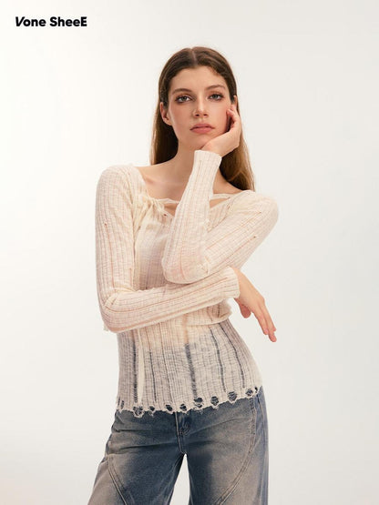 Vone SheeE Distressed Slim Fit Sweet Round Neck Women&