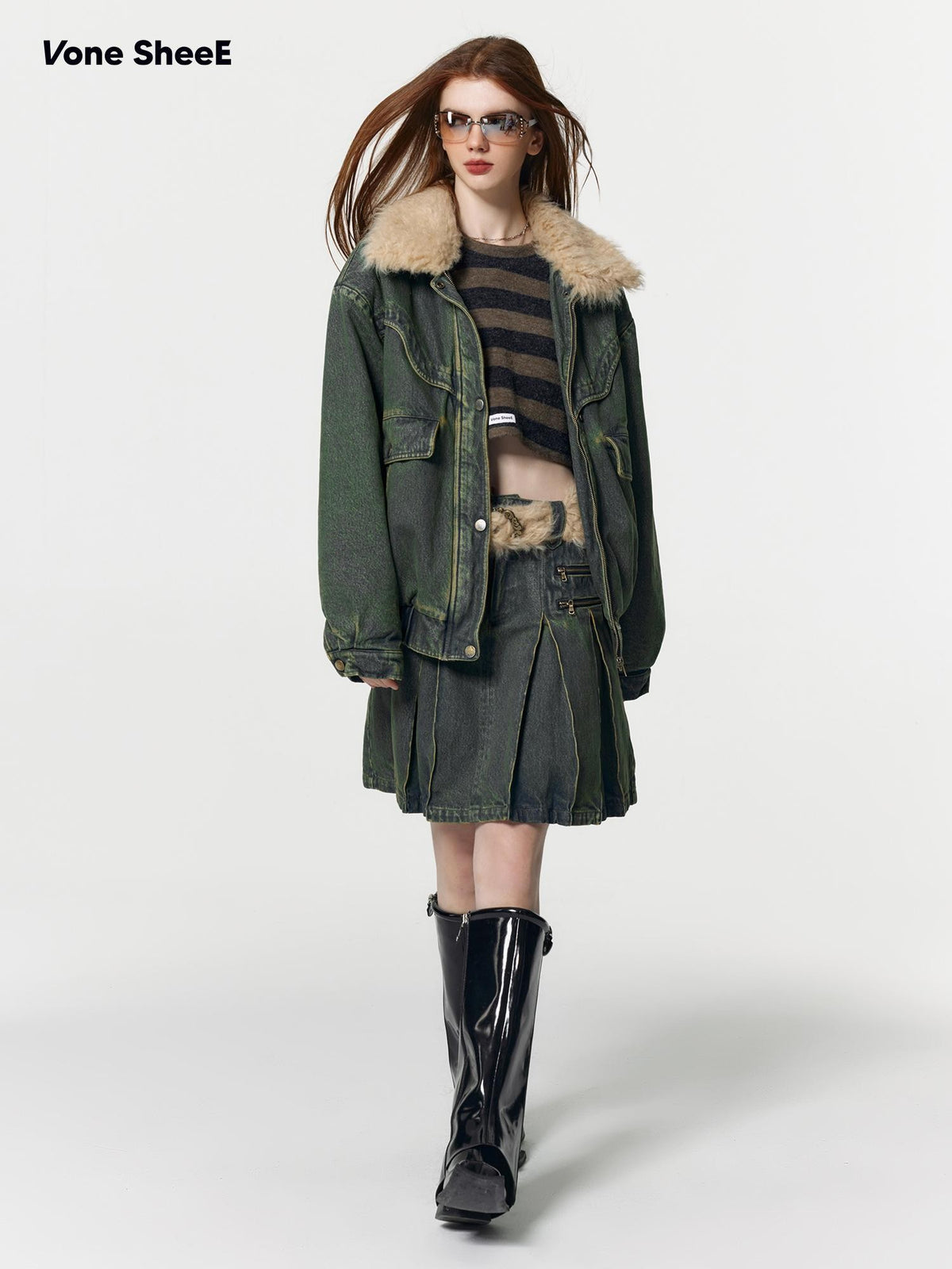 Vone SheeE Distressed Washed Removable Fur Collar Quilted Women&