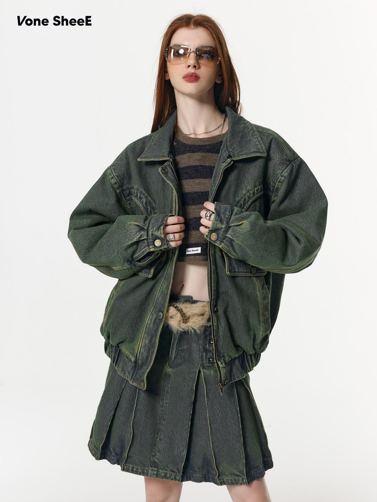 Vone SheeE Distressed Washed Removable Fur Collar Quilted Women&
