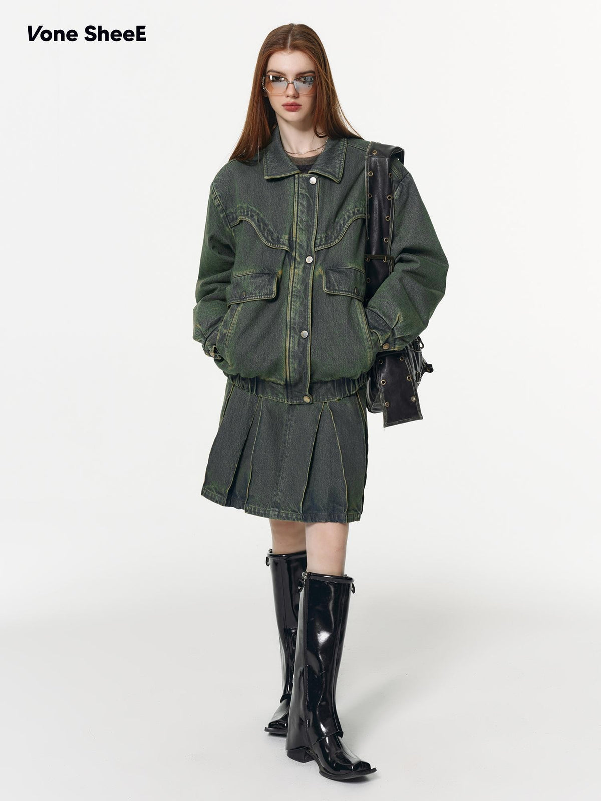 Vone SheeE Distressed Washed Removable Fur Collar Quilted Women&