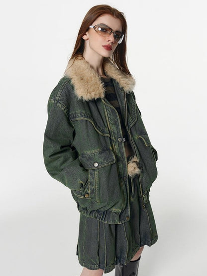 Vone SheeE Distressed Washed Removable Fur Collar Quilted Women&