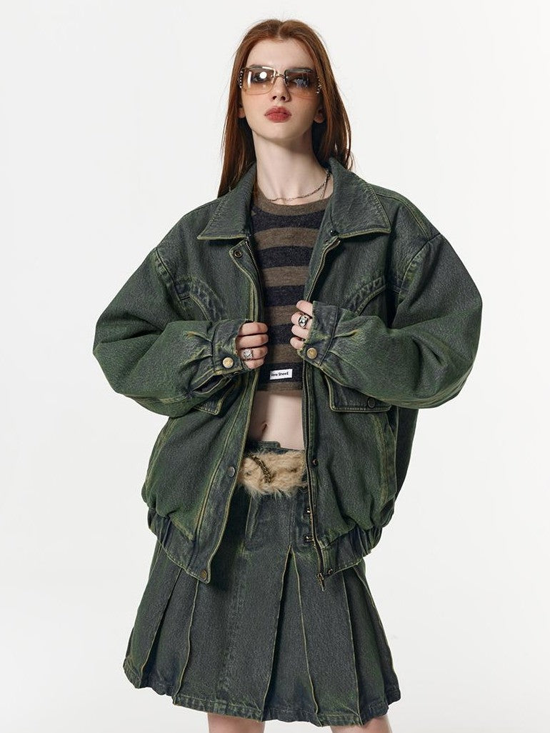 Vone SheeE Distressed Washed Removable Fur Collar Quilted Women&