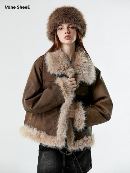 Vone SheeE Faux Fur Fleece Lined Retro Moto Women&