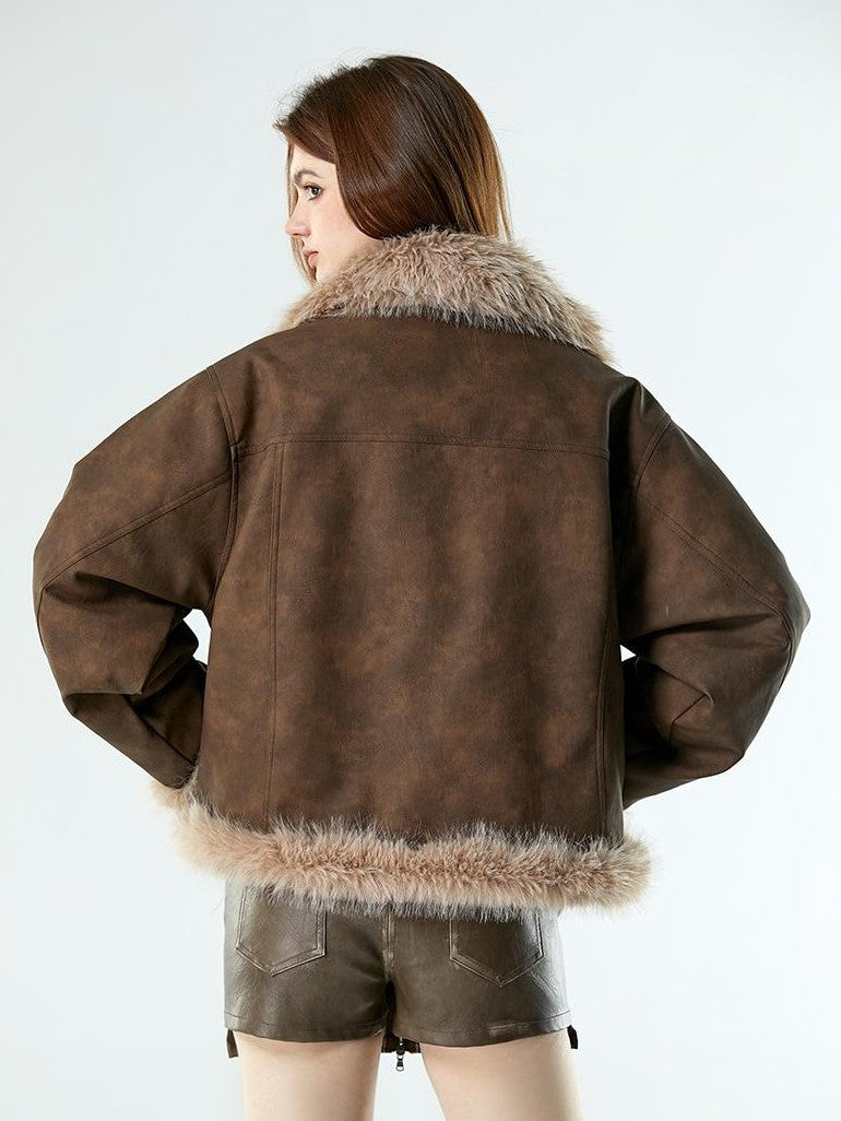 Vone SheeE Faux Fur Fleece Lined Retro Moto Women&
