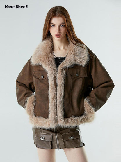 Vone SheeE Faux Fur Fleece Lined Retro Moto Women&