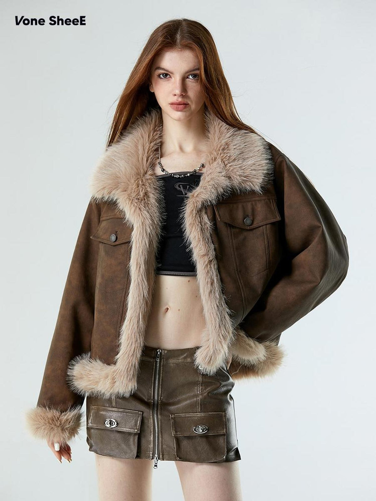 Vone SheeE Faux Fur Fleece Lined Retro Moto Women&