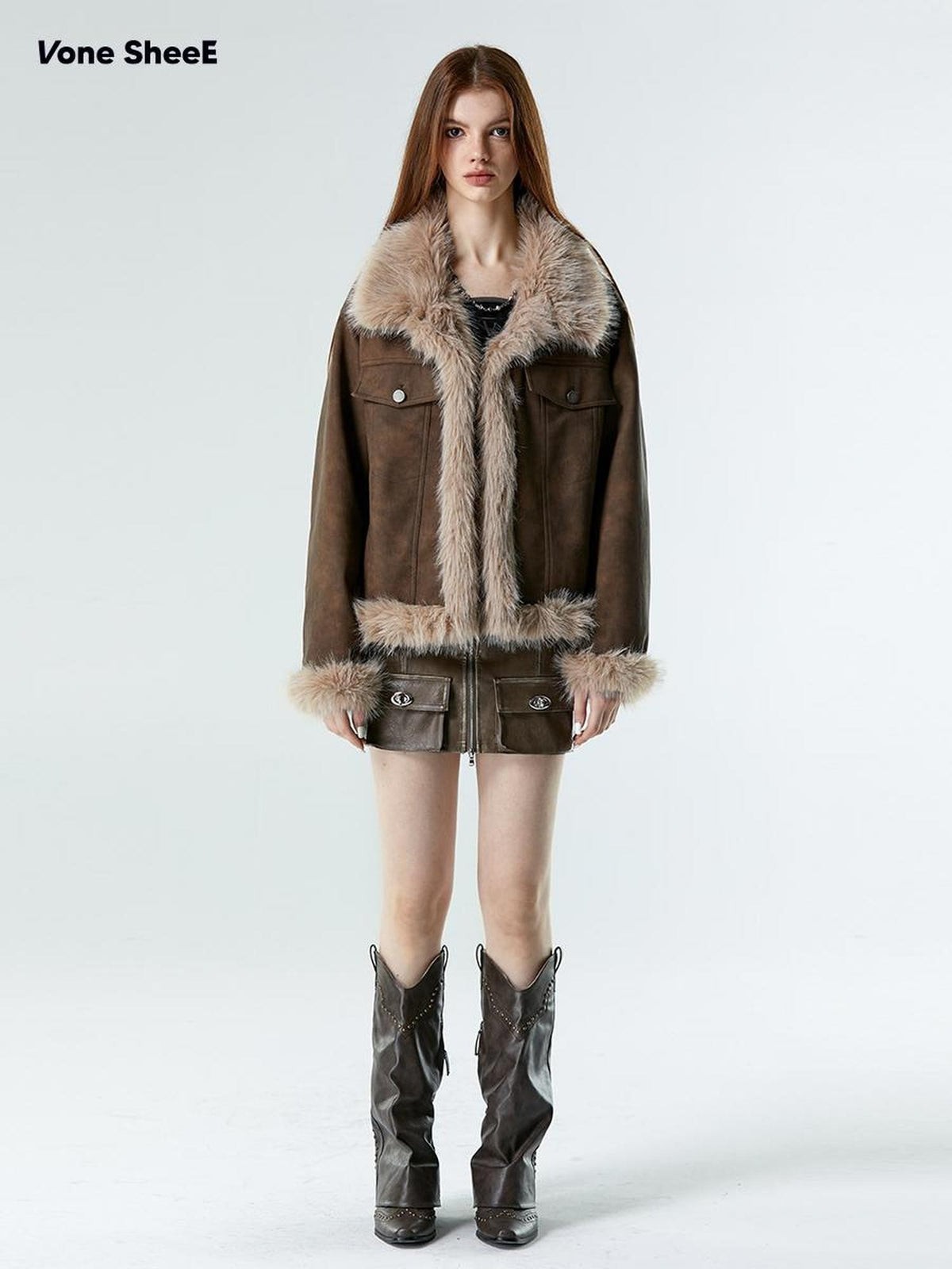 Vone SheeE Faux Fur Fleece Lined Retro Moto Women&
