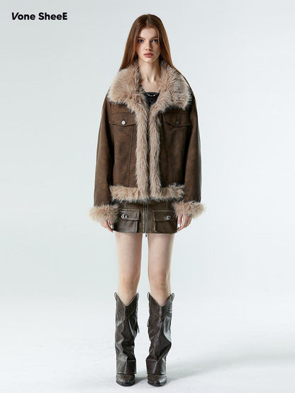 Vone SheeE Faux Fur Fleece Lined Retro Moto Women&