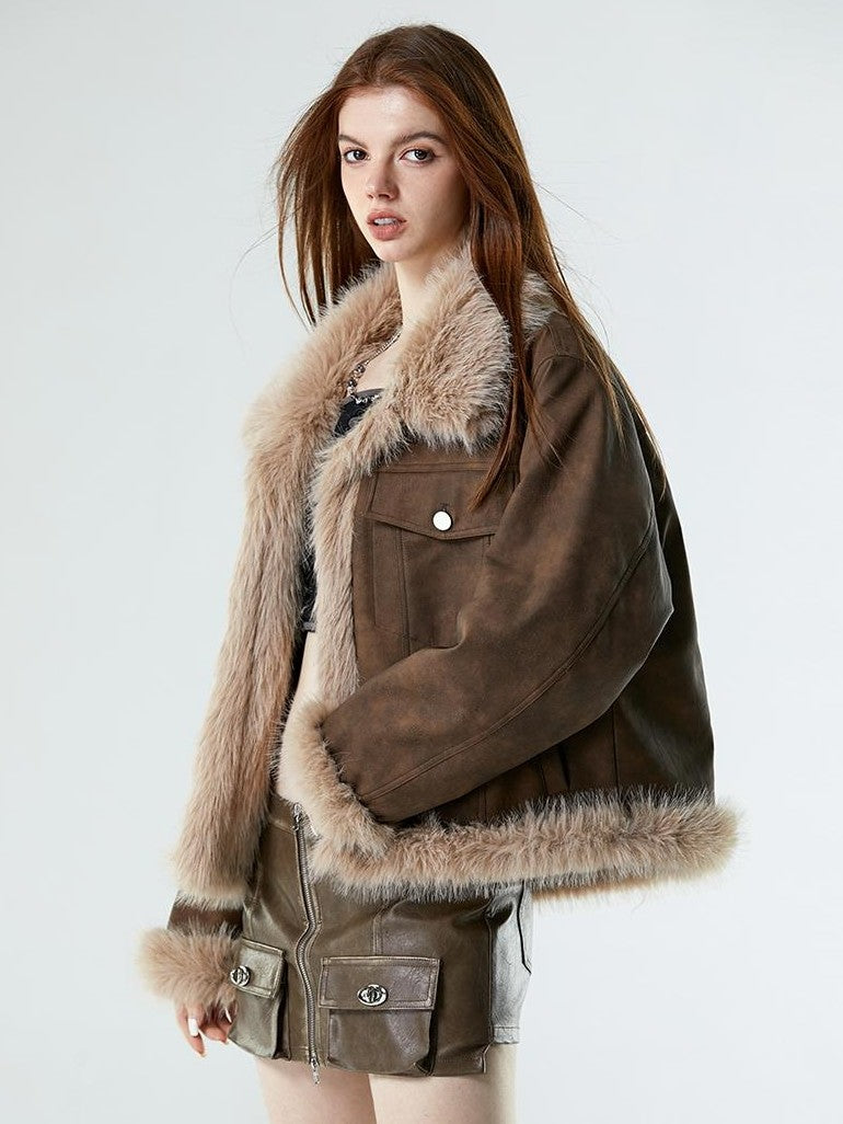 Vone SheeE Faux Fur Fleece Lined Retro Moto Women&