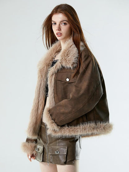 Vone SheeE Faux Fur Fleece Lined Retro Moto Women&