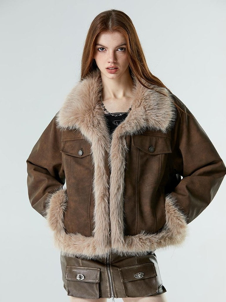 Vone SheeE Faux Fur Fleece Lined Retro Moto Women&