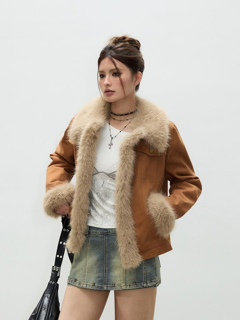 Vone SheeE Fleece Lined Brown Denim Zip Up Straight Fit Women&