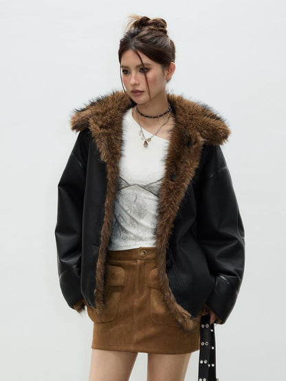 Vone SheeE Fuzzy American Retro Black Loose Fit Women&