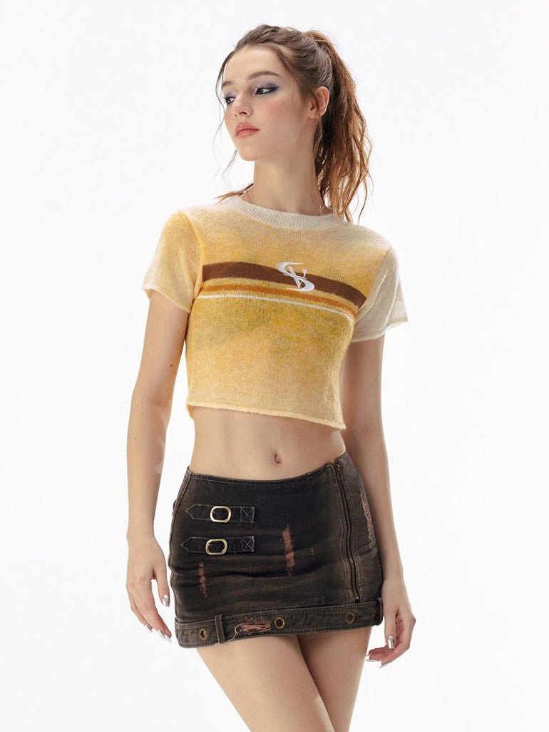 Vone SheeE Gradient Color Block Open Back Lace Up Short Sleeve Women&