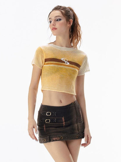 Vone SheeE Gradient Color Block Open Back Lace Up Short Sleeve Women&