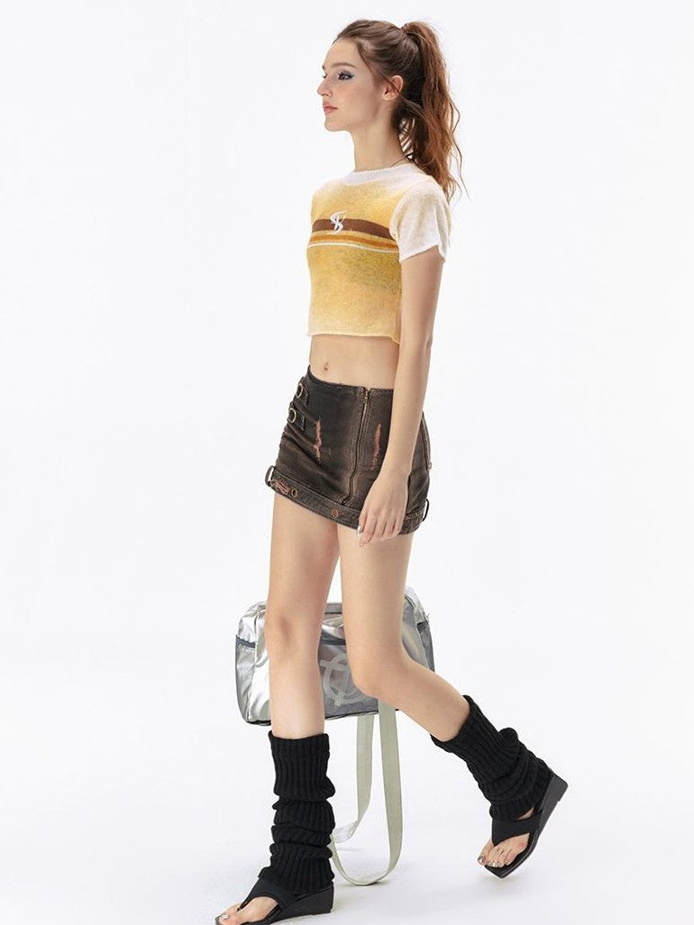 Vone SheeE Gradient Color Block Open Back Lace Up Short Sleeve Women&