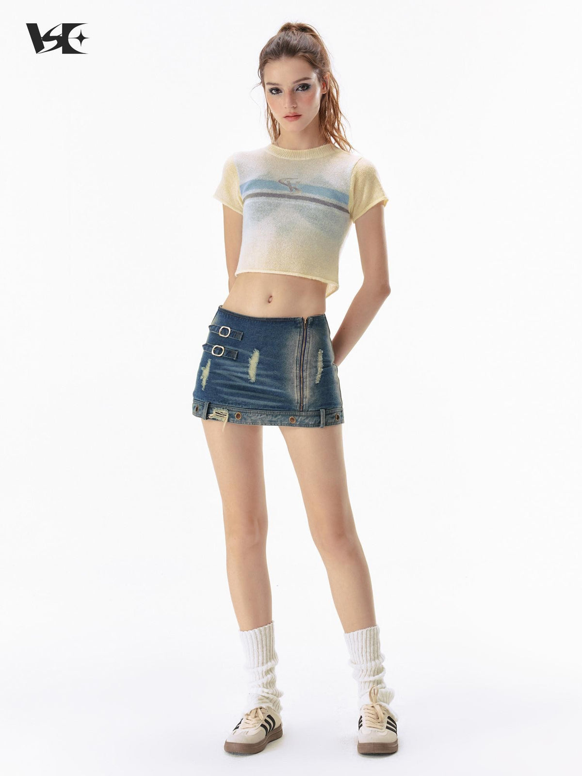 Vone SheeE Gradient Color Block Open Back Lace Up Short Sleeve Women&