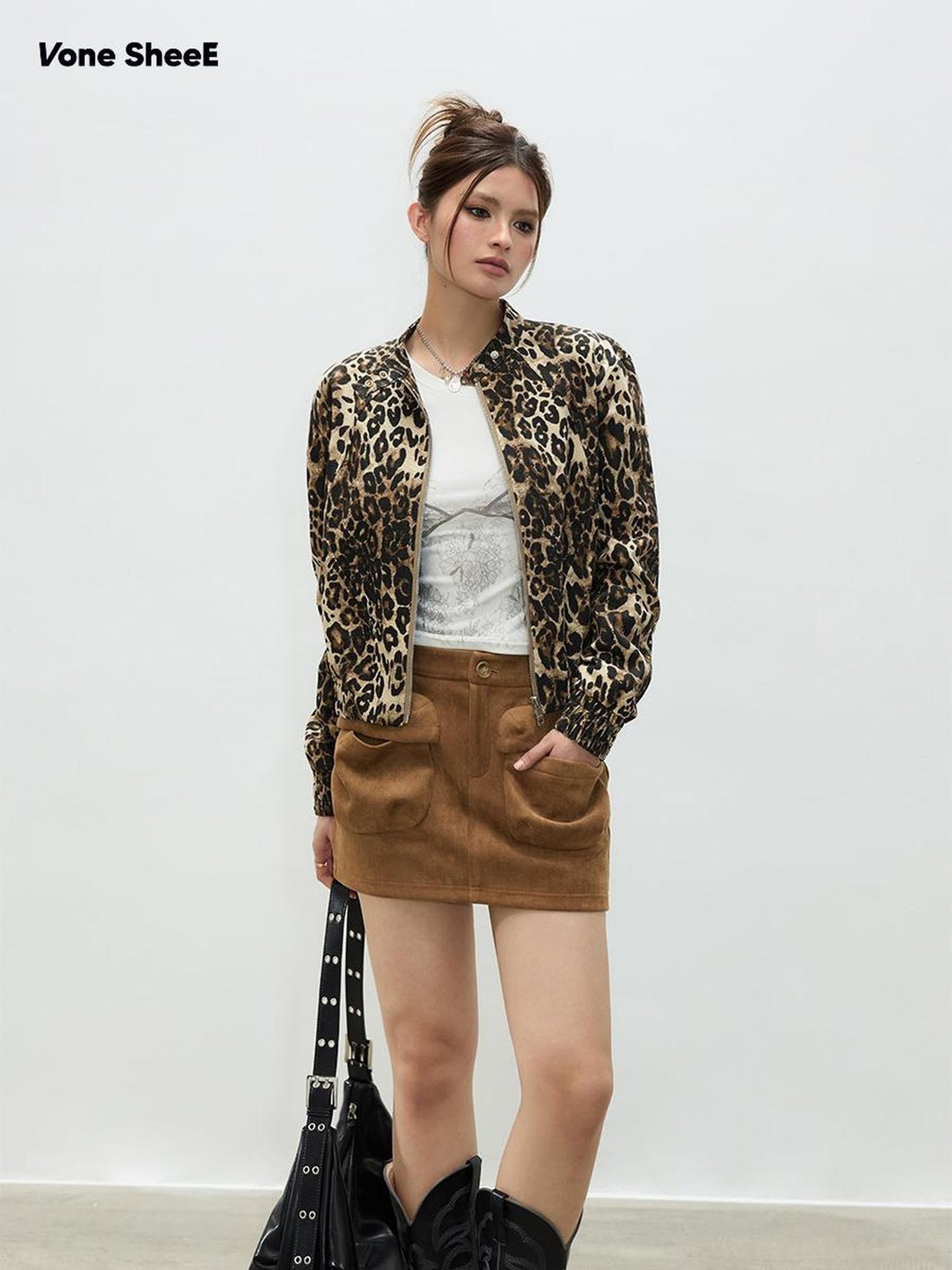 Vone SheeE Leopard Print Stand Collar Zip Loose Women&