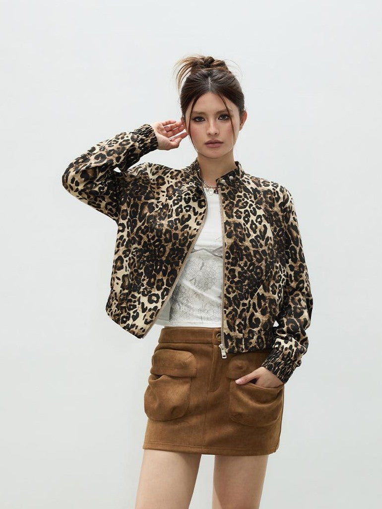 Vone SheeE Leopard Print Stand Collar Zip Loose Women&