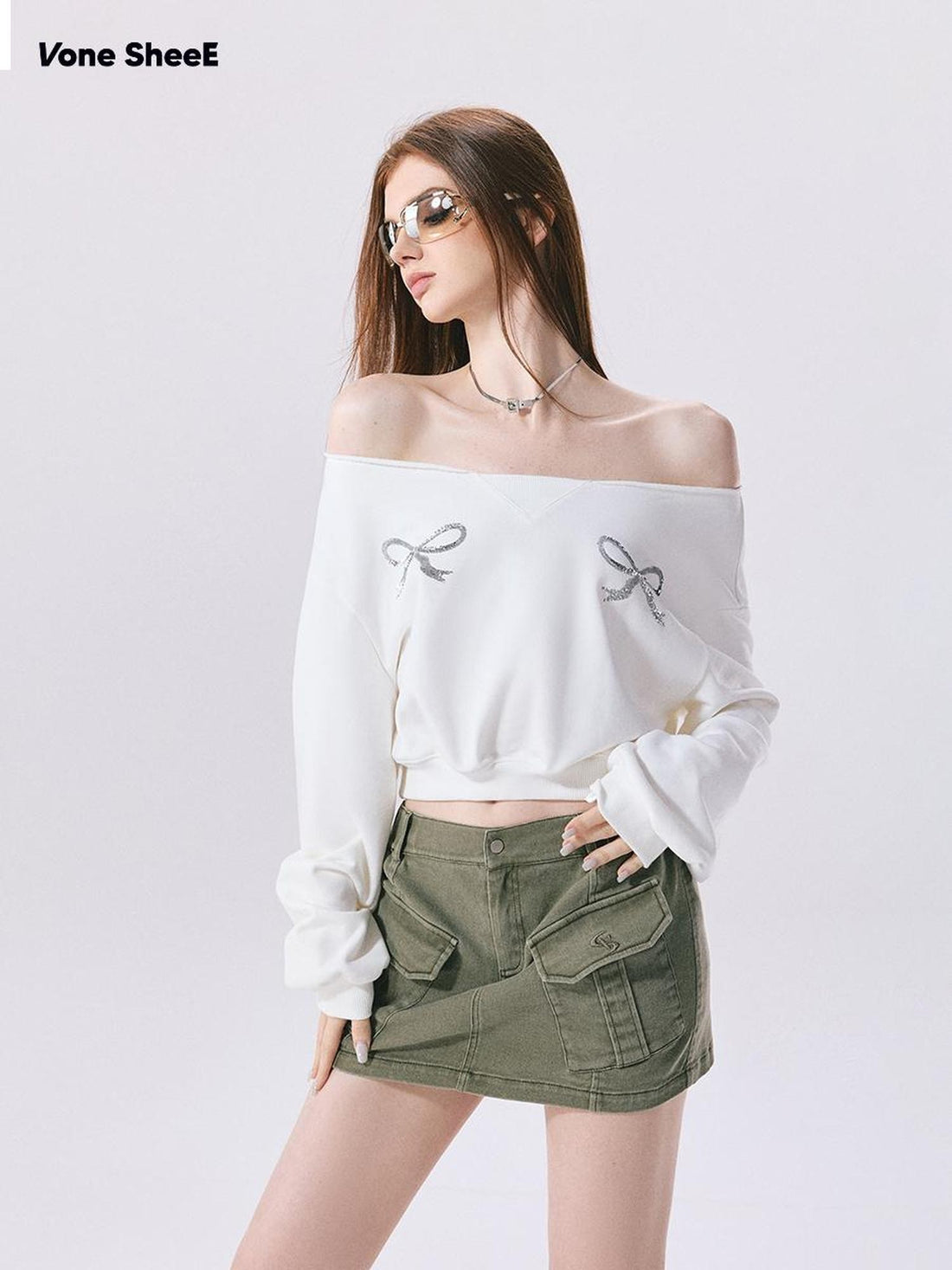 Vone SheeE Off Shoulder Bow Long Sleeve Cropped Loose Cotton Women&