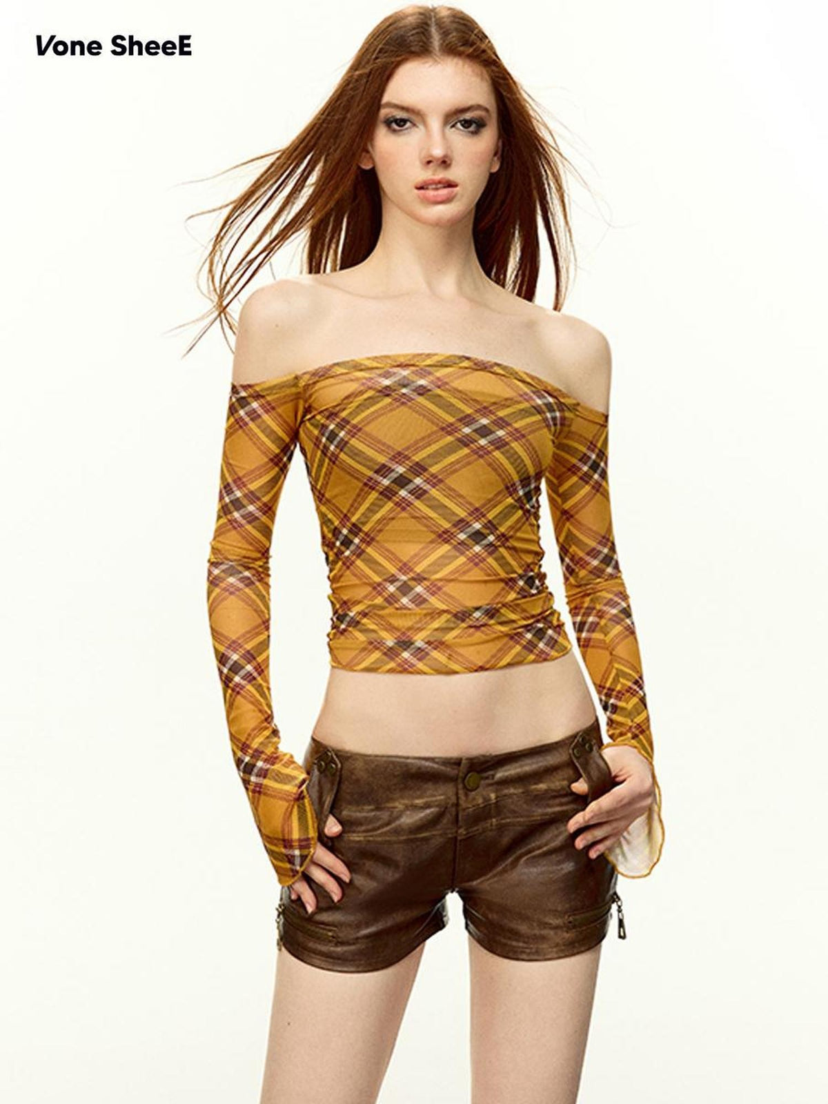 Vone SheeE Off Shoulder Bow Print Ruched Slim Fit Women&