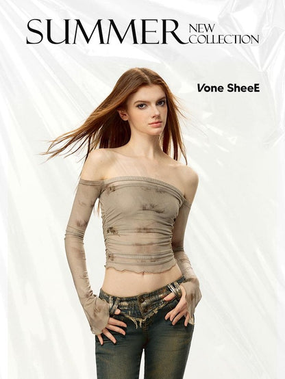 Vone SheeE Off Shoulder Bow Print Ruched Slim Fit Women&