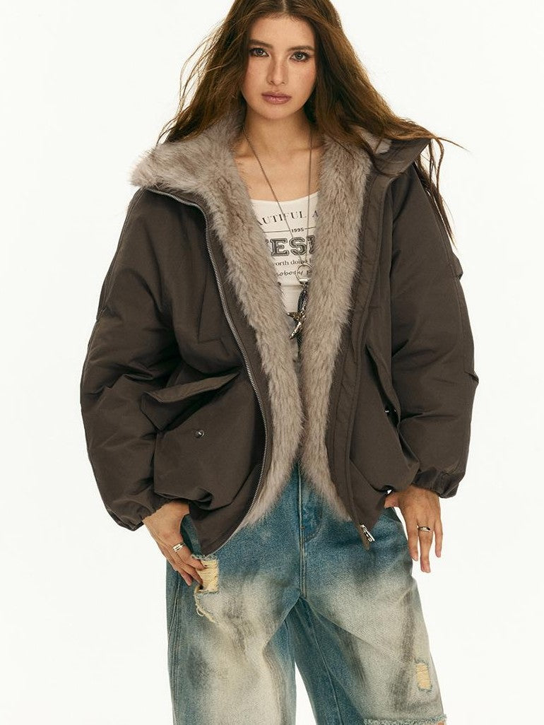 Vone SheeE Ruched Spliced Faux Fur Trim Women&
