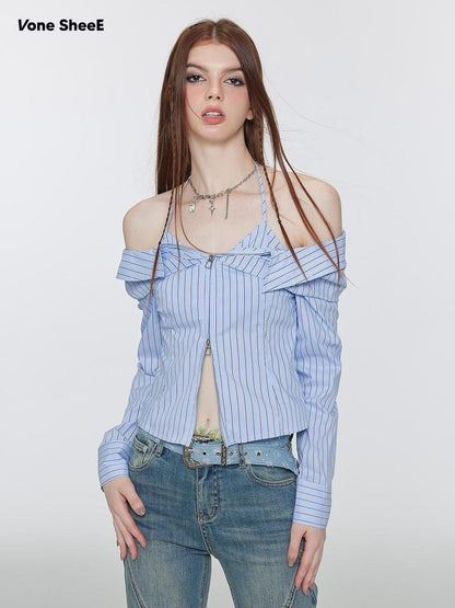 Vone SheeE Striped Off Shoulder Long Sleeve Slim Fit Button Women&