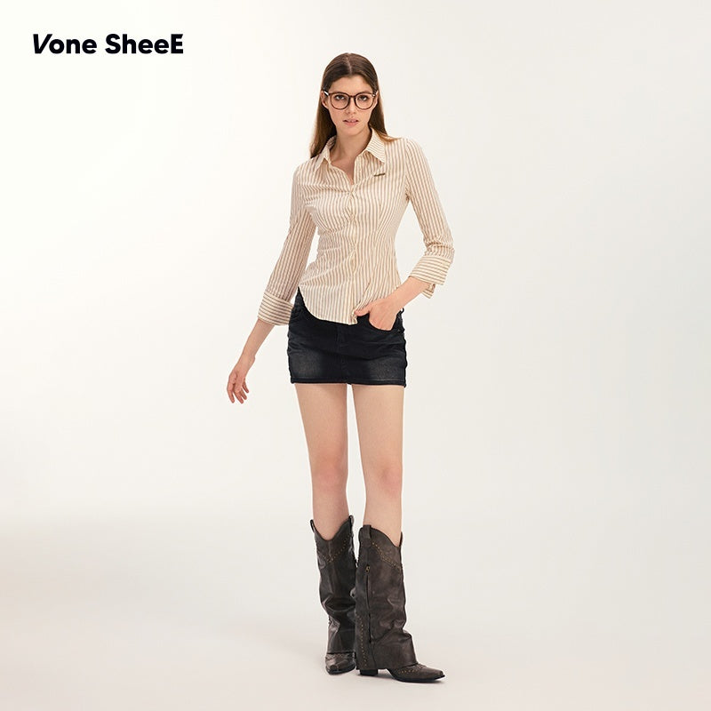 Vone_SheeE_Striped_Slim_Fit_Waist_Cinched_Polo_Collar_Long_Sleeve_Women&