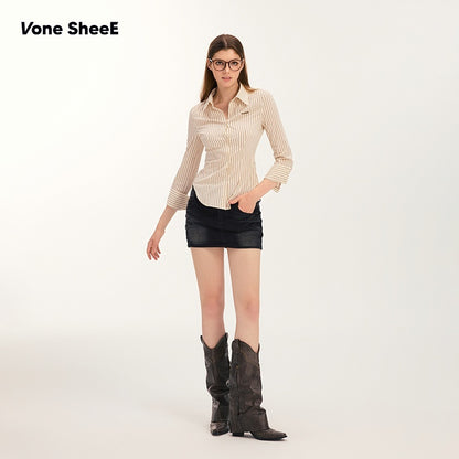 Vone_SheeE_Striped_Slim_Fit_Waist_Cinched_Polo_Collar_Long_Sleeve_Women&