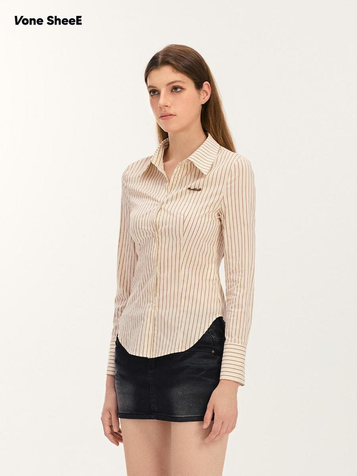 Vone SheeE Striped Slim Fit Waist Cinched Polo Collar Long Sleeve Women&