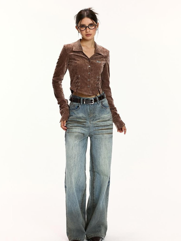 Vone SheeE Velvet Drawstring Cropped V-neck Women&