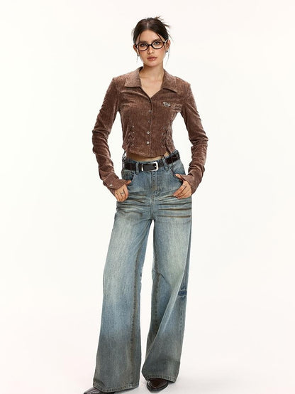 Vone SheeE Velvet Drawstring Cropped V-neck Women&
