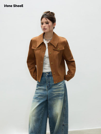 Vone SheeE Vintage Brown Denim Solid Button Loose Fit Women&