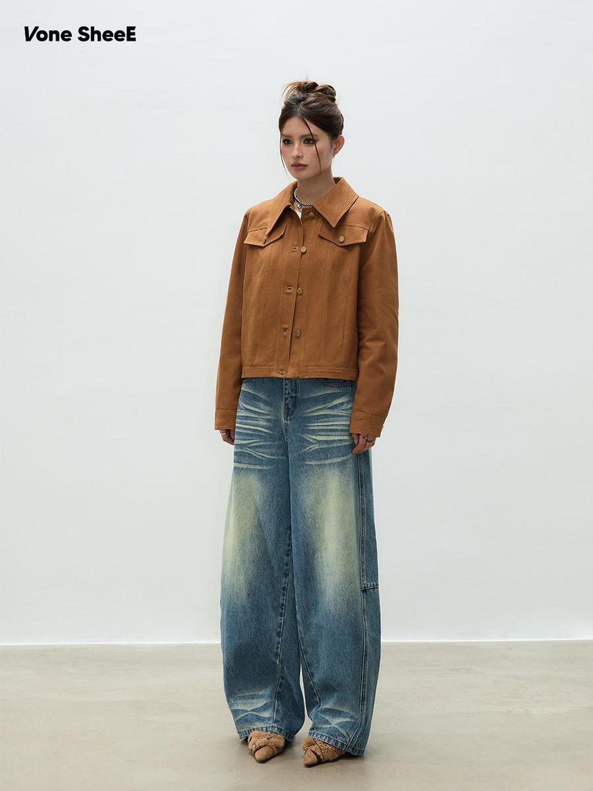 Vone SheeE Vintage Brown Denim Solid Button Loose Fit Women&