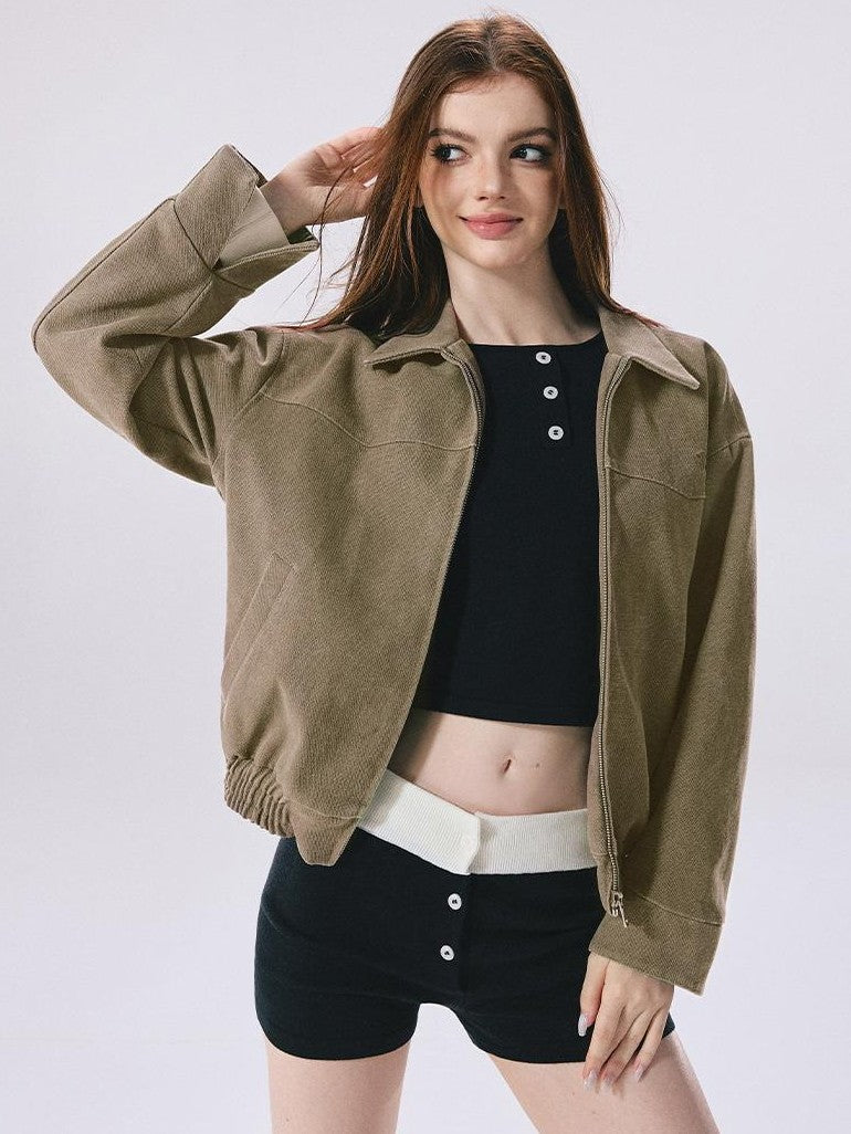 Vone SheeE Vintage Green Loose Fit Long Sleeve Polo Collar Cotton Women&